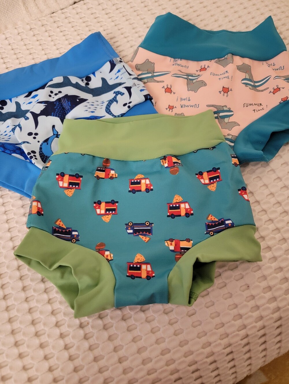 Kids Swim Training Pants - Teal with Green Trim, Fire Truck Print